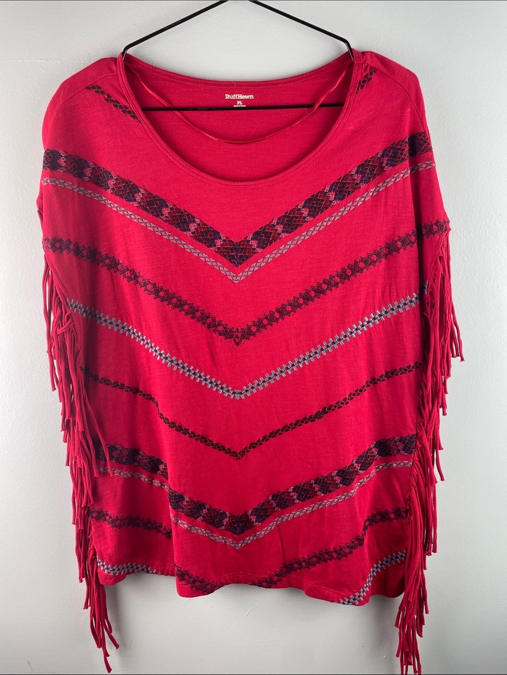 Ruff Hewn Red Fringe Chevron Poncho Top Size PL